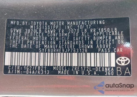 2018 Toyota Corolla Le from USA, damaged, VIN 5YFBURHE9JP763126